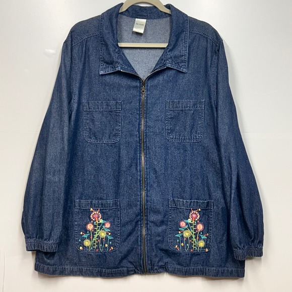 Blair Jackets & Blazers - Blair Denim‎ Jean Jacket XL Embroidered Floral Pockets Zip Up Blue
